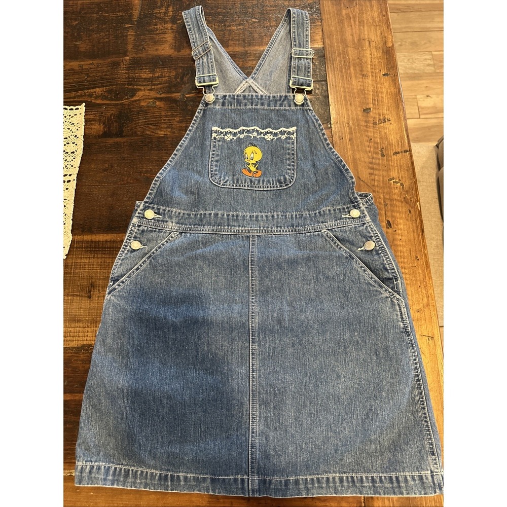 VTG Warner Bros Tweety Bird Bib Overalls Skirt Women Blue Denim Romper‎ Sz Small